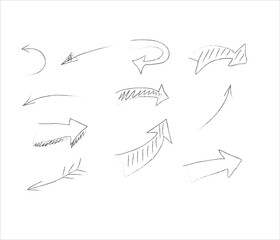 Set of black grunge hand drawn arrows isolated on white. Vector illustration. Doodle arrow collection of hand drawn arrows, vector set.
