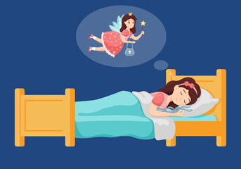 A cute little girl sleeps in bed and holds a fallen tooth in her hand and has a dream about the Princess tooth fairy. Sleeping hugging a toy. Vector illustration for children. Flat style