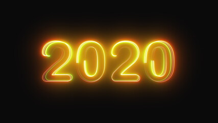 3D rendering background with multi-colored neon text 2020 on black. Computer generated bright festive effect