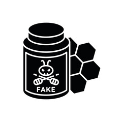 Fake honey black glyph icon. Artificial food, synthetic bee product silhouette symbol on white space. Sweet dessert, delicious dainty. Jar with man made syrup, DIY honey vector isolated illustration