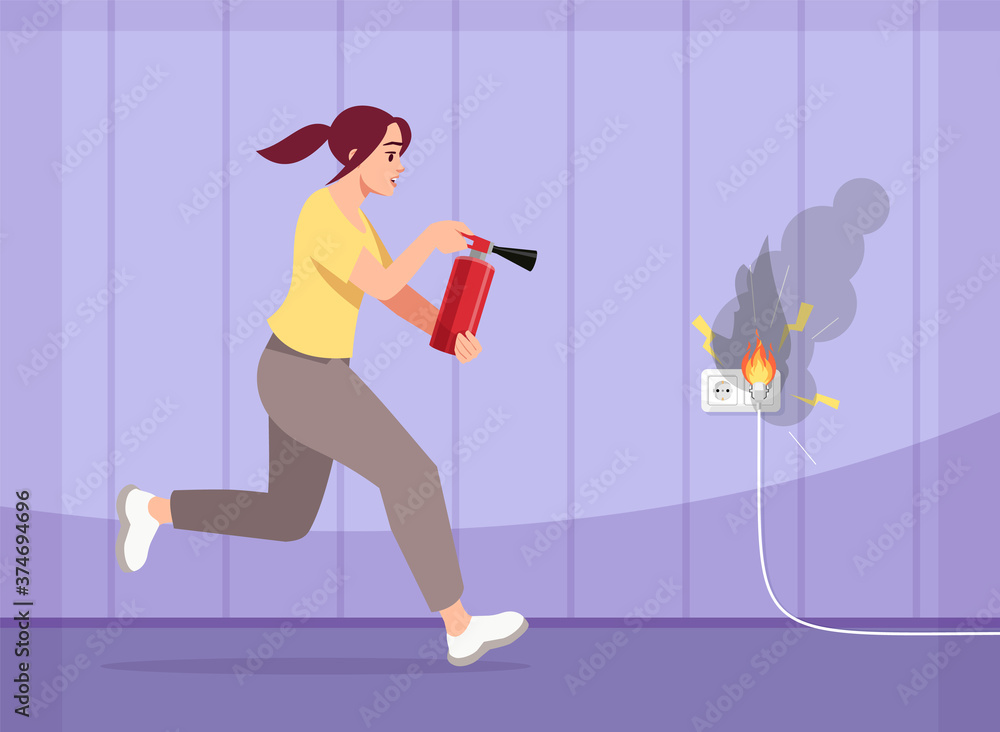 Sticker Girl puts out fire semi flat vector illustration. Scared young woman with fire extinguisher. House fire. Preventive measures. Faulty wiring 2D cartoon characters for commercial use