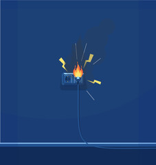 Electrical short circuit semi flat RGB color vector illustration. Electrical equipment. Faulty wiring. Electricity and fire protection isolated cartoon object on dark blue background