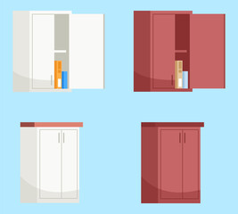 Red and white kitchen wall cabinets semi flat RGB color vector illustration set. Kitchen furniture. Open wall cabinet with boxes inside isolated cartoon objects collection on blue background