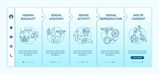 Human sexuality onboarding vector template. Activity in bedroom. Healthy reproduction. Age of consent. Responsive mobile website with icons. Webpage walkthrough step screens. RGB color concept