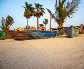 Obraz na płótnie Canvas Boats on the La Mer beach in Jumeirah area, Dubai, UAE.