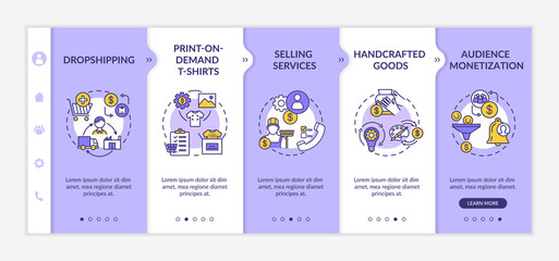 Low investment business ideas onboarding vector template. Online entrepreneurship, internet services. Responsive mobile website with icons. Webpage walkthrough step screens. RGB color concept