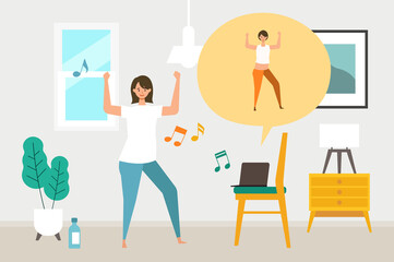 Online fitness concept. Work out via monitor, laptop, tablet. Vector illustration of a woman dancing zumba in her home.