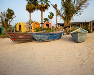 Boats on the La Mer beach in Jumeirah area, Dubai, UAE.