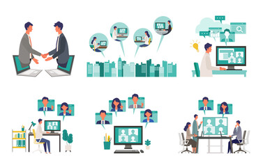 Telecommuting concept. Vector illustration of people having communication via telecommuting system. Concept for any telework illustration, video conference, workers at home. - obrazy, fototapety, plakaty
