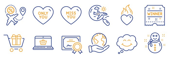 Set of Holidays icons, such as Shopping cart, Heart flame. Certificate, save planet. Online shopping, Only you, Snowman. Search flight, Flight sale, Smile. Miss you, Winner ticket line icons. Vector