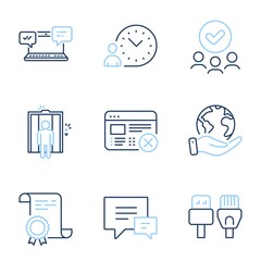 Time management, Internet chat and Computer cables line icons set. Diploma certificate, save planet, group of people. Comment, Elevator and Reject web signs. Vector