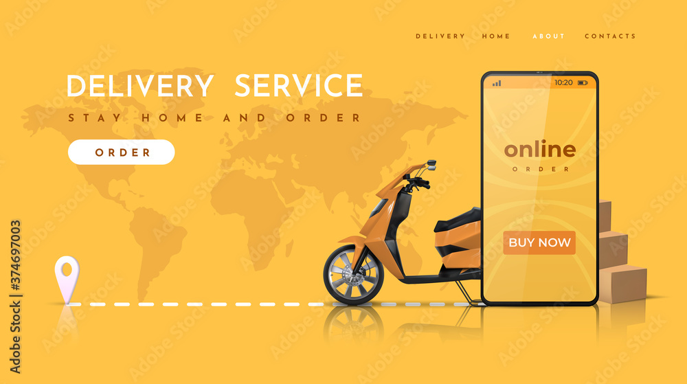 Poster Delivery service. Online food order landing page with realistic scooter. Vector image web page and mobile application concept of food delivery ordering