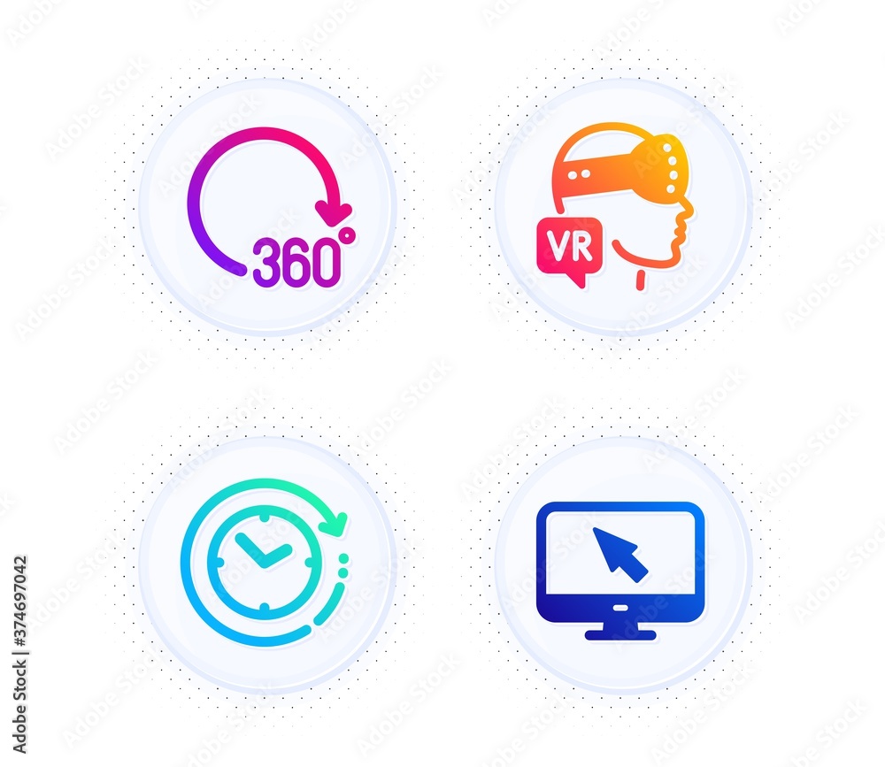 Poster 360 degrees, time change and augmented reality icons simple set. button with halftone dots. internet