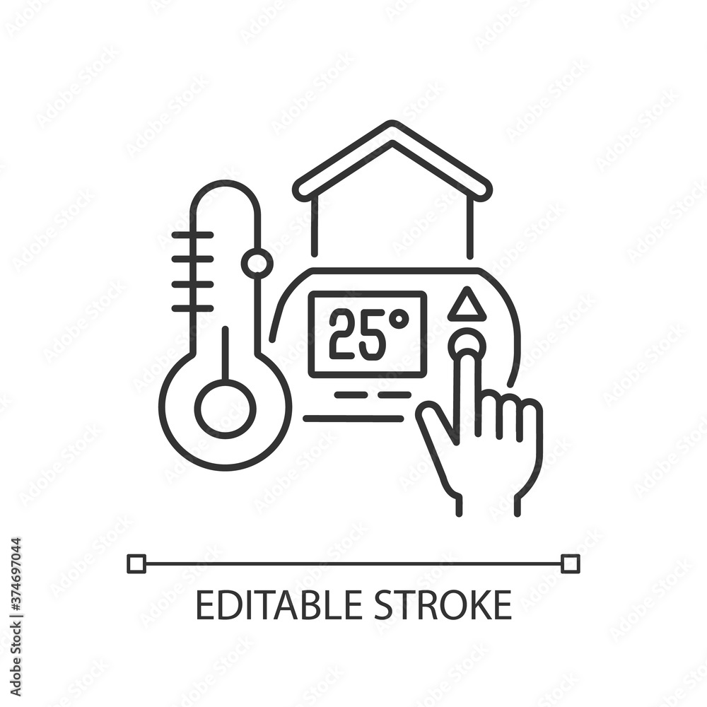 Poster thermostat setting linear icon. water heater. air conditioner. temperature maintenance. thin line cu