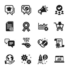 Set of Business icons, such as Shopping, Megaphone. Certificate, approved group, save planet. Medical drugs, Cooking hat, Work. Operational excellence, Bitcoin project, Online statistics. Vector