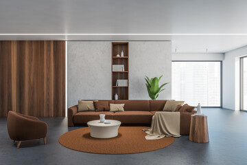 Concrete and brown living room interior