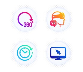360 degrees, Time change and Augmented reality icons simple set. Button with halftone dots. Internet sign. Full rotation, Clock, Virtual reality. Monitor with cursor. Technology set. Vector