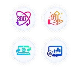 Copywriting notebook, Full rotation and Analysis graph icons simple set. Button with halftone dots. Candlestick chart sign. Writer laptop, 360 degree, Targeting chart. Report analysis. Vector