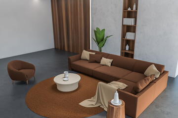 Concrete and brown living room, top view