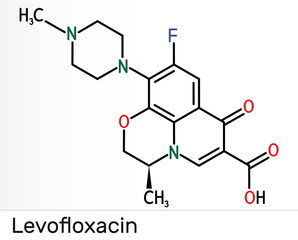 Levofloxacin, fluoroquinolone antibiotic molecule. It is used to treat bacterial sinusitis, pneumonia. Skeletal chemical formula. Illustration