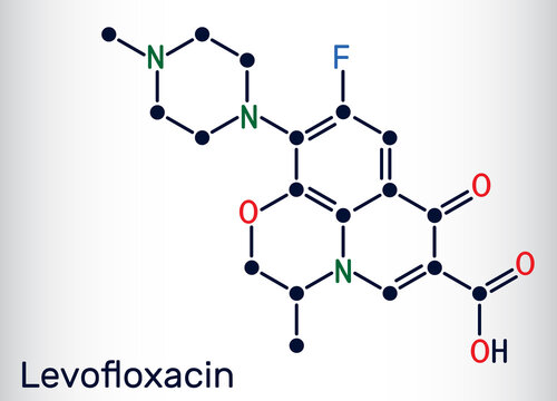 Levofloxacin, fluoroquinolone antibiotic molecule. It is used to treat bacterial sinusitis, pneumonia. Skeletal chemical formula
