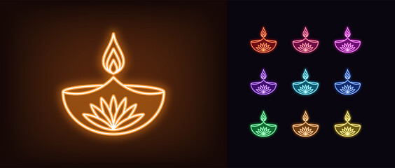 Neon diya icon. Glowing neon Diya lamp with fire and lotus flower, Deepavali