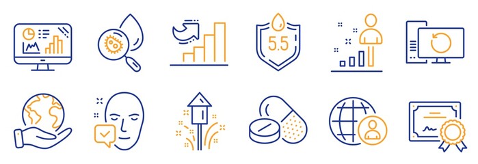 Set of Science icons, such as Ph neutral, Fireworks. Certificate, save planet. Face accepted, Recovery computer, Analytics graph. Stats, International recruitment, Growth chart. Vector