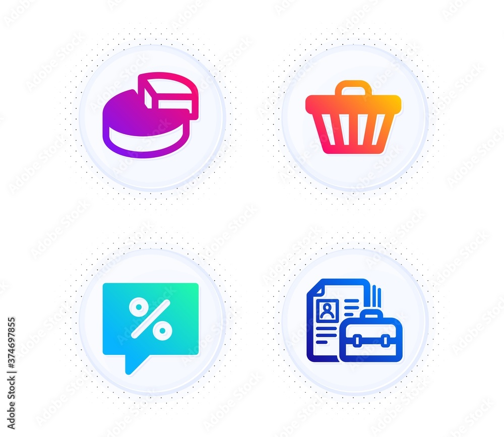 Aufkleber discount message, pie chart and shop cart icons simple set. button with halftone dots. vacancy sign.