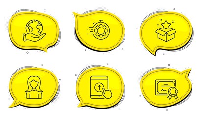 Loyalty program sign. Diploma certificate, save planet chat bubbles. Swipe up, Woman and Seo timer line icons set. Scrolling screen, Girl profile, Cogwheel. Bonus star. Business set. Vector