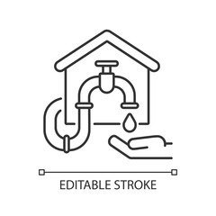 Water connection linear icon. Supply connection. Faucet with drop. Cold and hot water systems. Thin line customizable illustration. Contour symbol. Vector isolated outline drawing. Editable stroke