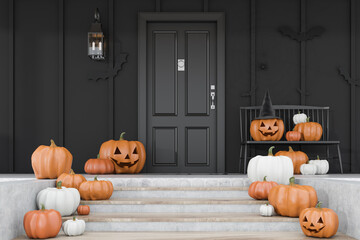 Obraz premium Carved pumpkins on stairs of black house