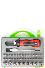 Tool box with attachments and bits of different shapes and sizes. Isolate, free space.