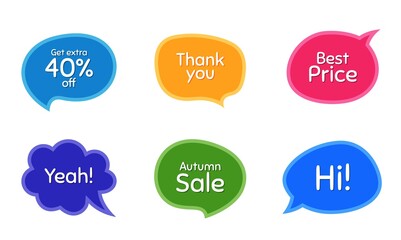 Autumn sale, 40% discount and best price. Colorful chat bubbles. Thank you phrase. Sale shopping text. Chat messages with phrases. Texting thought bubbles. Vector