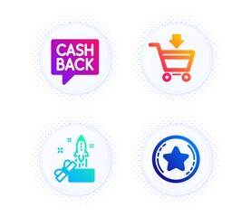 Online market, Innovation and Money transfer icons simple set. Button with halftone dots. Loyalty star sign. Shopping cart, Crowdfunding, Cashback message. Bonus reward. Finance set. Vector
