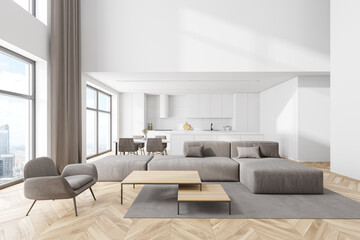 White kitchen and living room interior