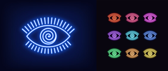 Neon hypnotic eye icon. Glowing neon eye sign with spiral iris, mesmeric vision