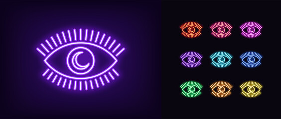 Neon magic eye icon. Glowing neon eye with crescent iris, sweet dream