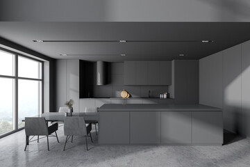 Gray kitchen interior with bar