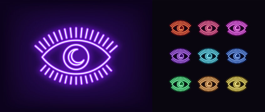 Neon magic eye icon. Glowing neon eye with crescent iris, sweet dream