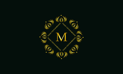 Exquisite round monogram with the letter M. Golden creative logo on a dark green background. Vector illustration of business, cafe, office, restaurant, heraldry.