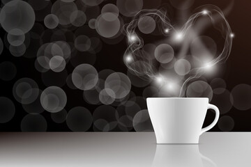 Hot coffee cup with smoke heart shape on the table with blurred light background. 3D rendering.