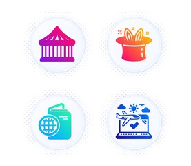 Carousels, Hat-trick and Travel passport icons simple set. Button with halftone dots. Airplane travel sign. Attraction park, Magic hat, Trip document. Check in. Holidays set. Vector