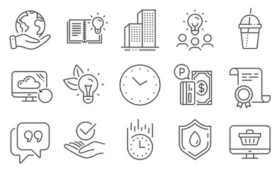 Set of Business icons, such as Web shop, Time. Diploma, ideas, save planet. Quote bubble, Parking payment, Product knowledge. Recovery cloud, Fast delivery, Approved. Vector