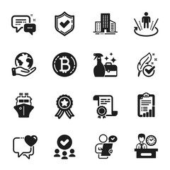 Set of Business icons, such as Cleanser spray, Presentation time. Certificate, approved group, save planet. Confirmed, Customer survey, Hypoallergenic tested. Vector