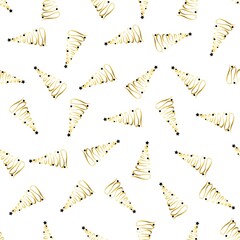 Holiday pattern, Christmas decoration. Forest on a blue background. Snow in the woods. White and gold trees. Vector illustration.