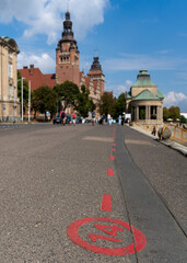 view of the red line tourist trail and the Voivode's Office in Szczecin