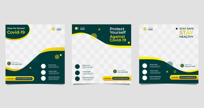 Coronavirus social media post flyer collection template, medical health web banner about protect yourself from Covid-19 with green and yellow background