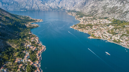 Obraz premium Flying above the old town of Kotor in Montenegro in the Bay of Kotor.