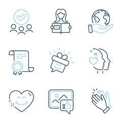 Clapping hands, Smile and Like photo line icons set. Diploma certificate, save planet, group of people. Woman read, Heart and Smile face signs. Clap, Gift box, Thumbs up. Girl studying. Vector