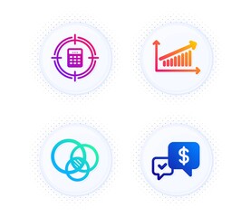 Calculator target, Euler diagram and Chart icons simple set. Button with halftone dots. Payment received sign. Audit, Relationships chart, Money. Finance set. Vector